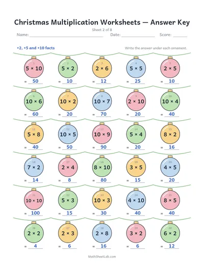Christmas multiplication worksheets — Sheet 2 answers