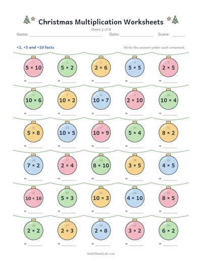 Christmas multiplication worksheets — Sheet 2 · ×2, ×5, ×10