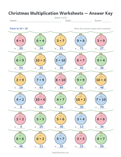 Christmas multiplication worksheets — Sheet 3 answers