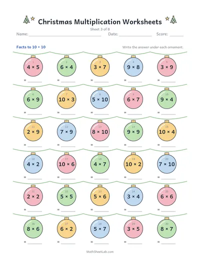 Christmas multiplication worksheets — Sheet 3 · to 10 × 10
