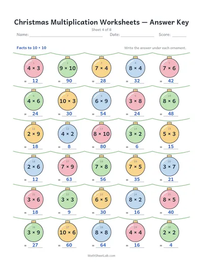 Christmas multiplication worksheets — Sheet 4 answers