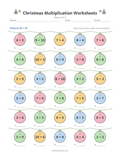 Christmas multiplication worksheets — Sheet 4 · to 10 × 10