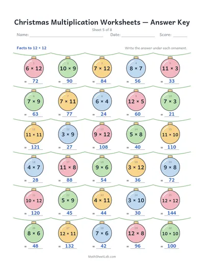 Christmas multiplication worksheets — Sheet 5 answers
