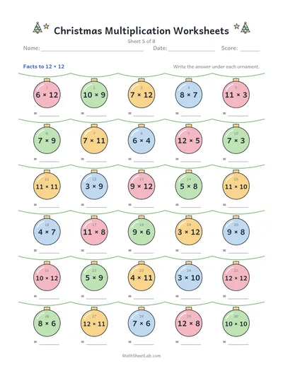 Christmas multiplication worksheets — Sheet 5 · to 12 × 12
