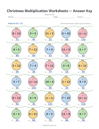 Christmas multiplication worksheets — Sheet 6 answers