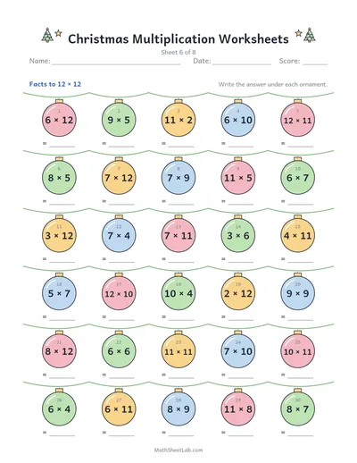 Christmas multiplication worksheets — Sheet 6 · to 12 × 12
