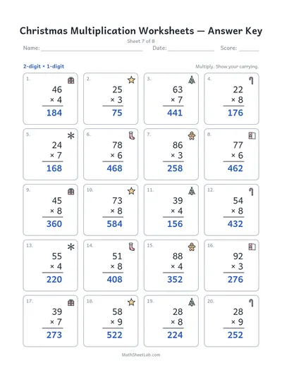 Christmas multiplication worksheets — Sheet 7 answers