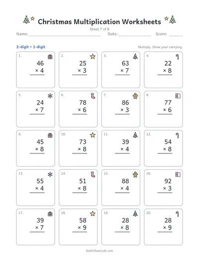 Christmas multiplication worksheets — Sheet 7 · 2-digit × 1-digit