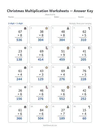 Christmas multiplication worksheets — Sheet 8 answers