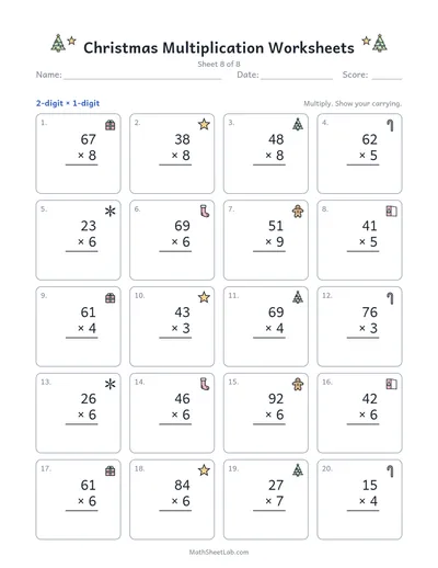 Christmas multiplication worksheets — Sheet 8 · 2-digit × 1-digit