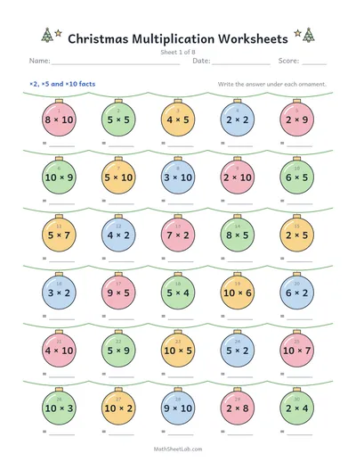 Christmas multiplication worksheets — Sheet 1 · ×2, ×5, ×10
