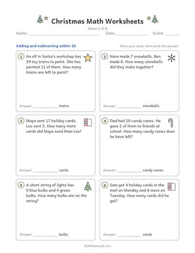 Christmas math worksheets — Sheet 2 · within 20