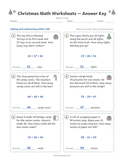 Christmas math worksheets — Sheet 3 answers