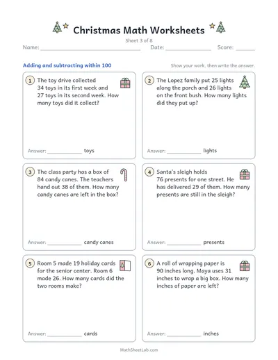 Christmas math worksheets — Sheet 3 · within 100