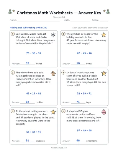 Christmas math worksheets — Sheet 4 answers