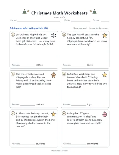 Christmas math worksheets — Sheet 4 · within 100