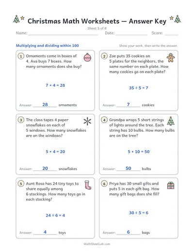 Christmas math worksheets — Sheet 5 answers
