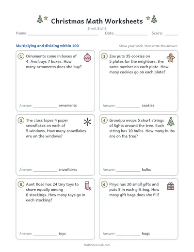 Christmas math worksheets — Sheet 5 · × and ÷
