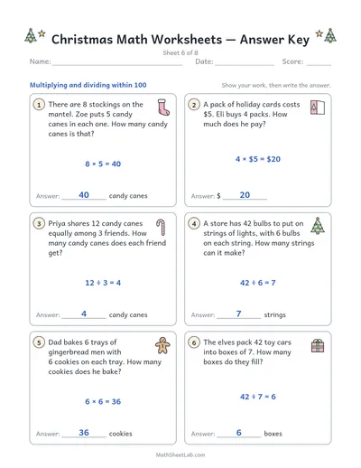 Christmas math worksheets — Sheet 6 answers