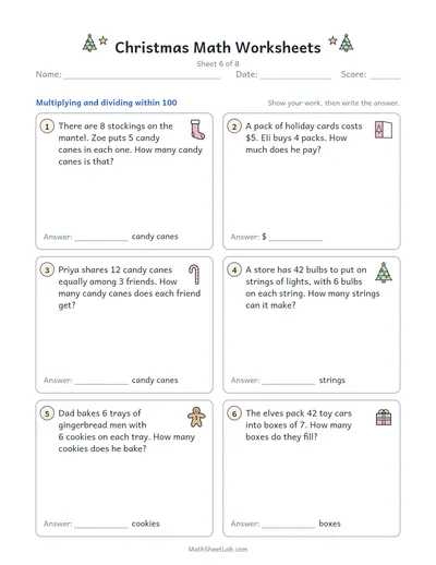 Christmas math worksheets — Sheet 6 · × and ÷