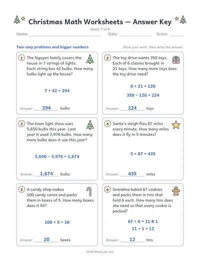 Christmas math worksheets — Sheet 7 answers