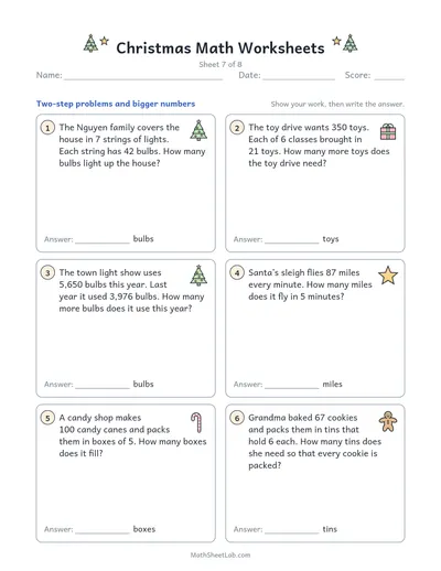 Christmas math worksheets — Sheet 7 · two-step