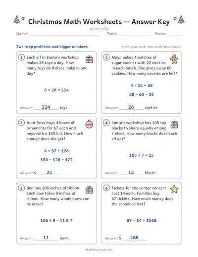 Christmas math worksheets — Sheet 8 answers