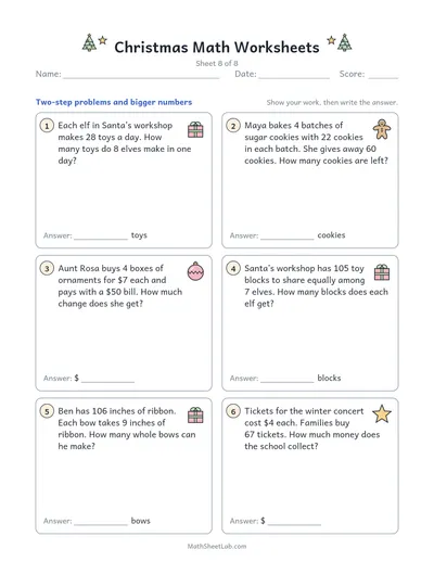 Christmas math worksheets — Sheet 8 · two-step