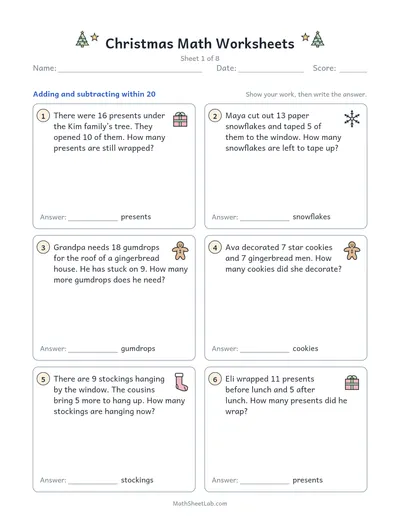 Christmas math worksheets — Sheet 1 · within 20