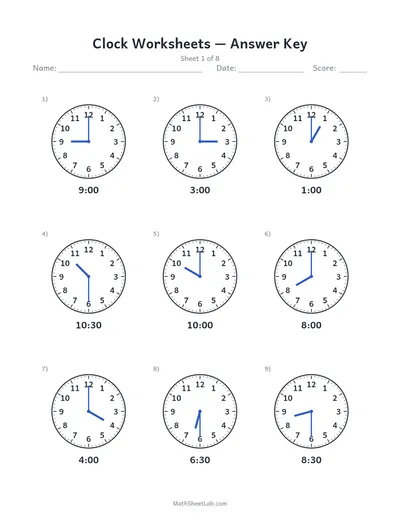 Clock worksheets (draw the hands) — Sheet 1 answers