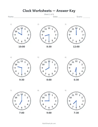 Clock worksheets (draw the hands) — Sheet 2 answers