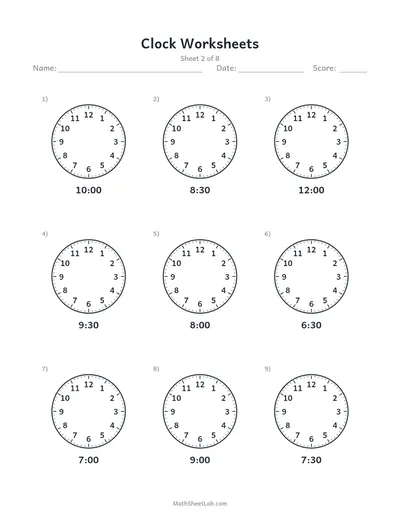 Clock worksheets (draw the hands) — Sheet 2
