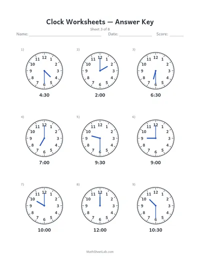 Clock worksheets (draw the hands) — Sheet 3 answers