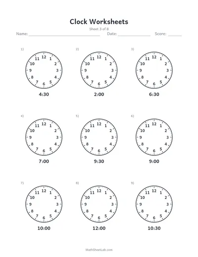 Clock worksheets (draw the hands) — Sheet 3