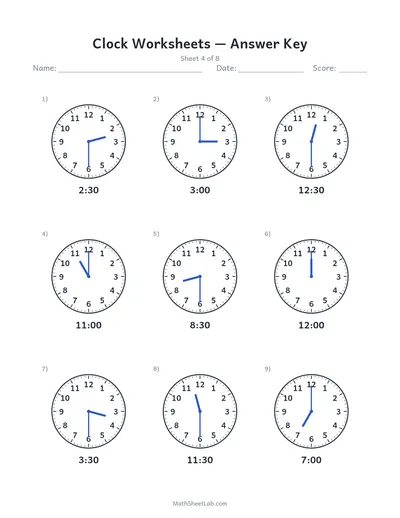 Clock worksheets (draw the hands) — Sheet 4 answers