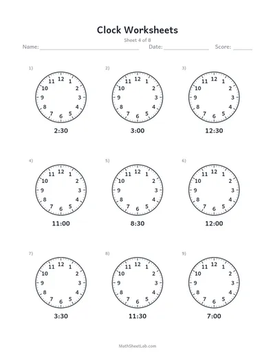 Clock worksheets (draw the hands) — Sheet 4