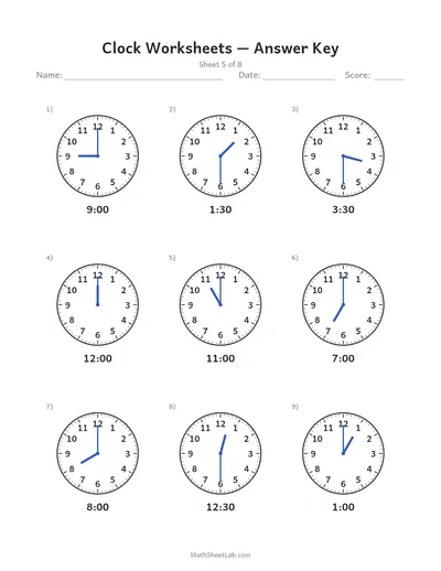 Clock worksheets (draw the hands) — Sheet 5 answers