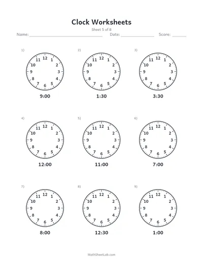 Clock worksheets (draw the hands) — Sheet 5