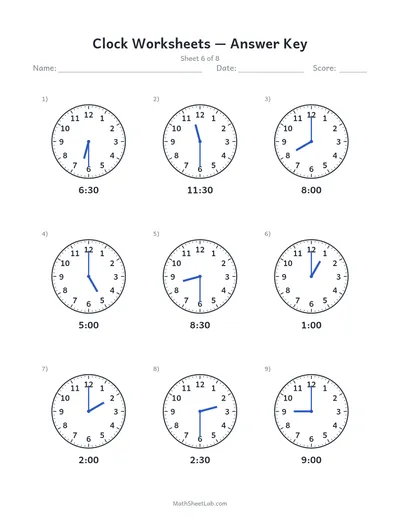 Clock worksheets (draw the hands) — Sheet 6 answers