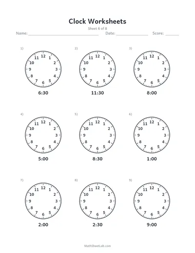 Clock worksheets (draw the hands) — Sheet 6