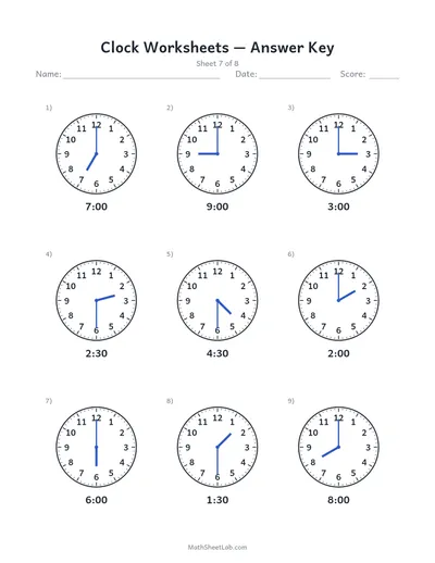 Clock worksheets (draw the hands) — Sheet 7 answers