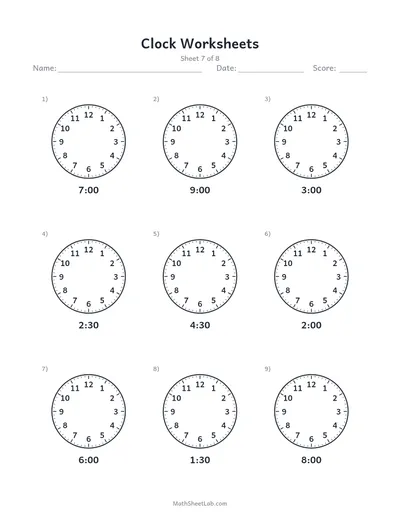 Clock worksheets (draw the hands) — Sheet 7