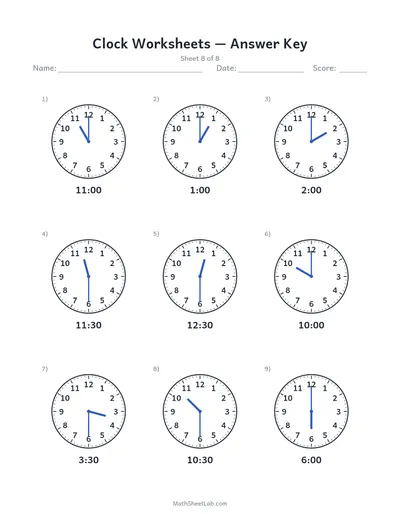 Clock worksheets (draw the hands) — Sheet 8 answers