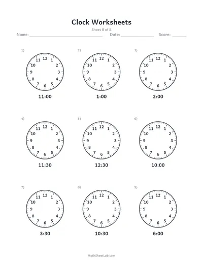 Clock worksheets (draw the hands) — Sheet 8