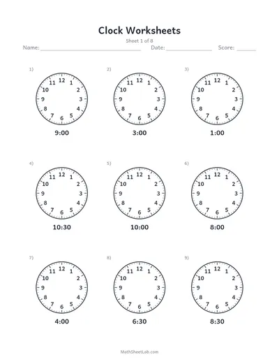 Clock worksheets (draw the hands) — Sheet 1