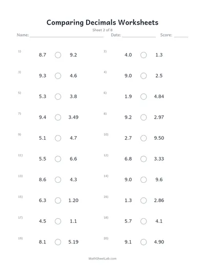 Comparing decimals worksheets — Sheet 2