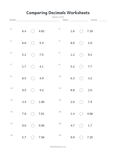 Comparing decimals worksheets — Sheet 3