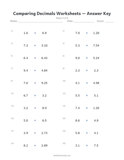 Comparing decimals worksheets — Sheet 4 answers