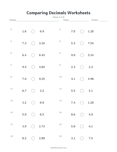 Comparing decimals worksheets — Sheet 4