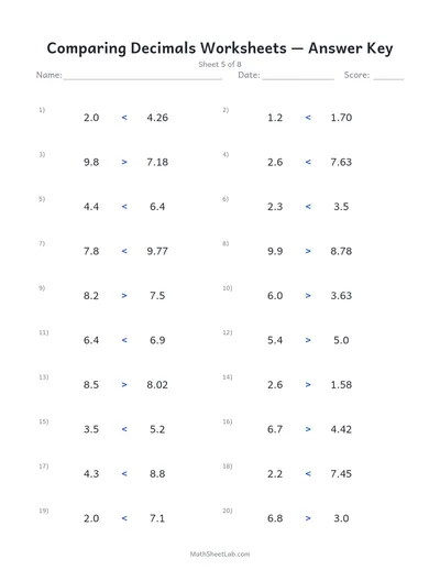 Comparing decimals worksheets — Sheet 5 answers